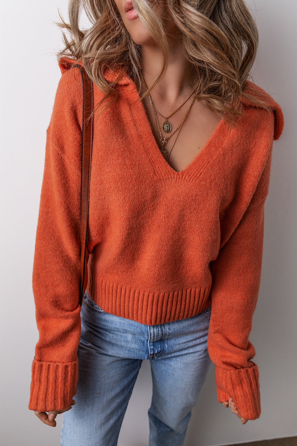 V-Neck Collared Knit Sweater
