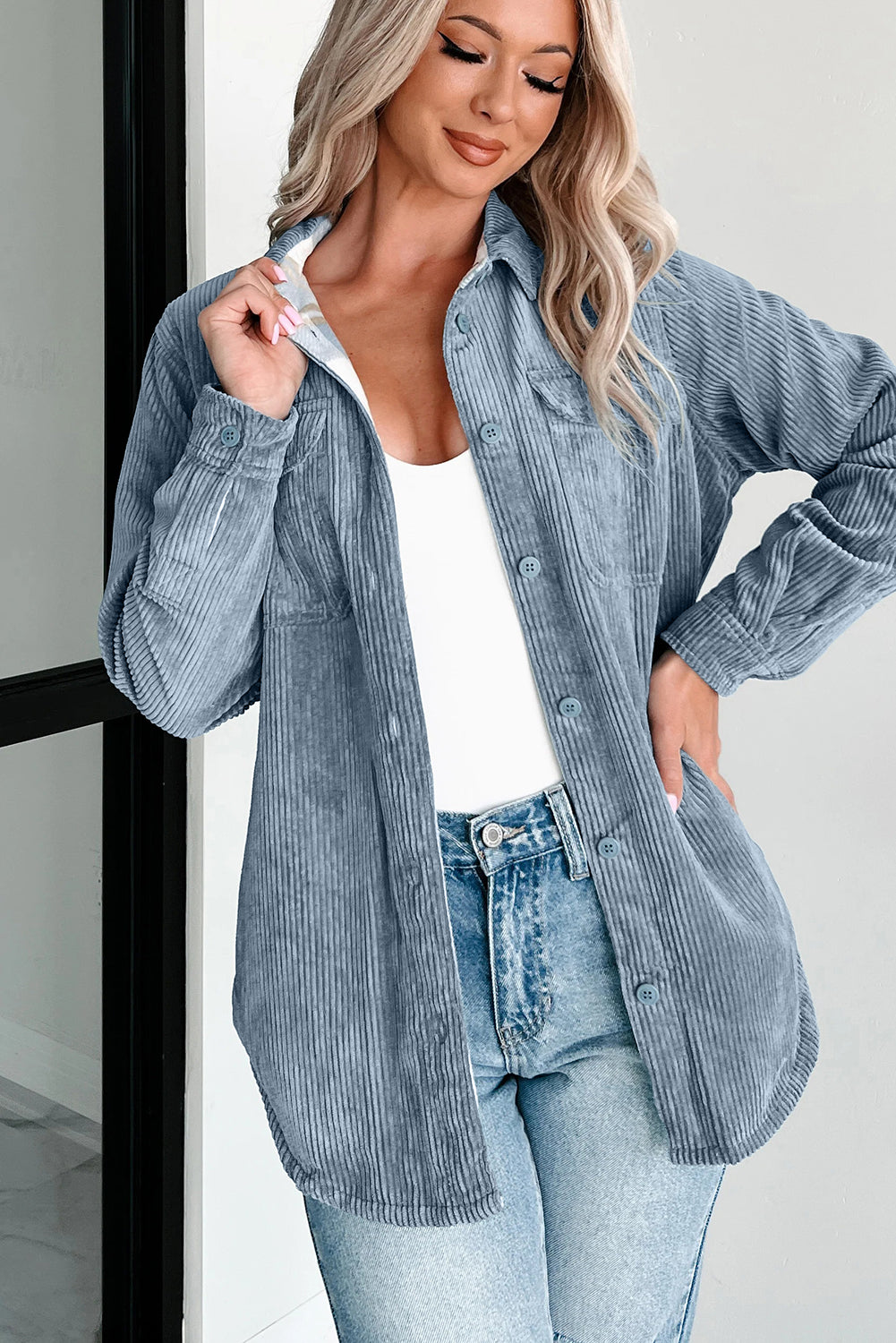 Dusty Blue Reversible Corduroy Plaid Shacket