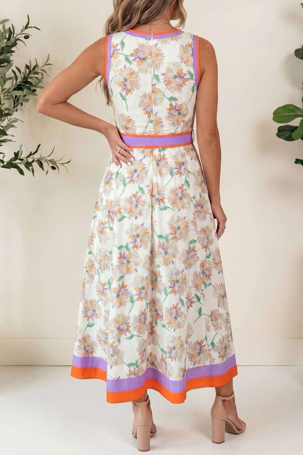 Cream Floral Print Belted Midi Dress