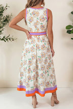 Cream Floral Print Belted Midi Dress