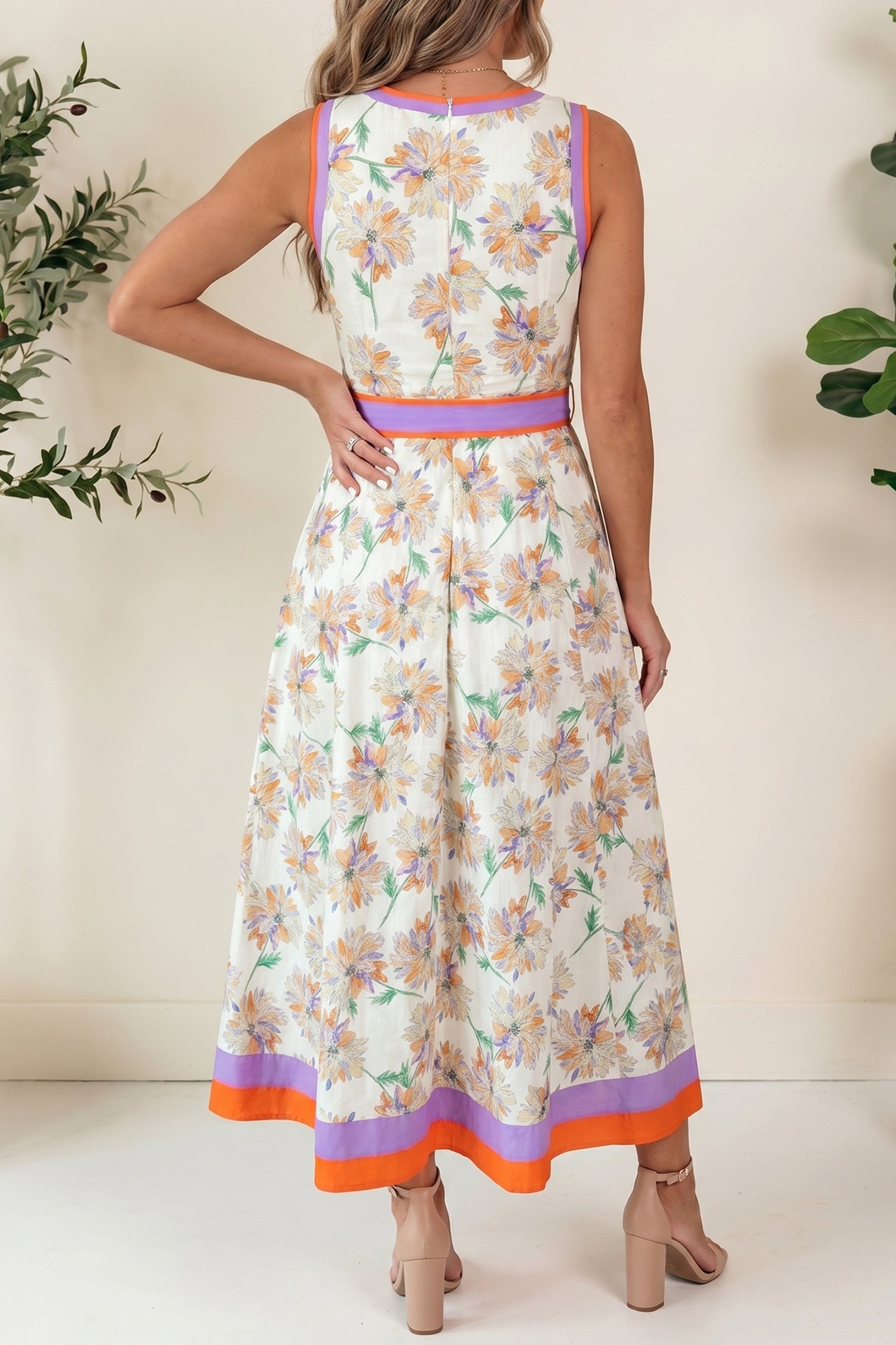 Cream Floral Print Belted Midi Dress