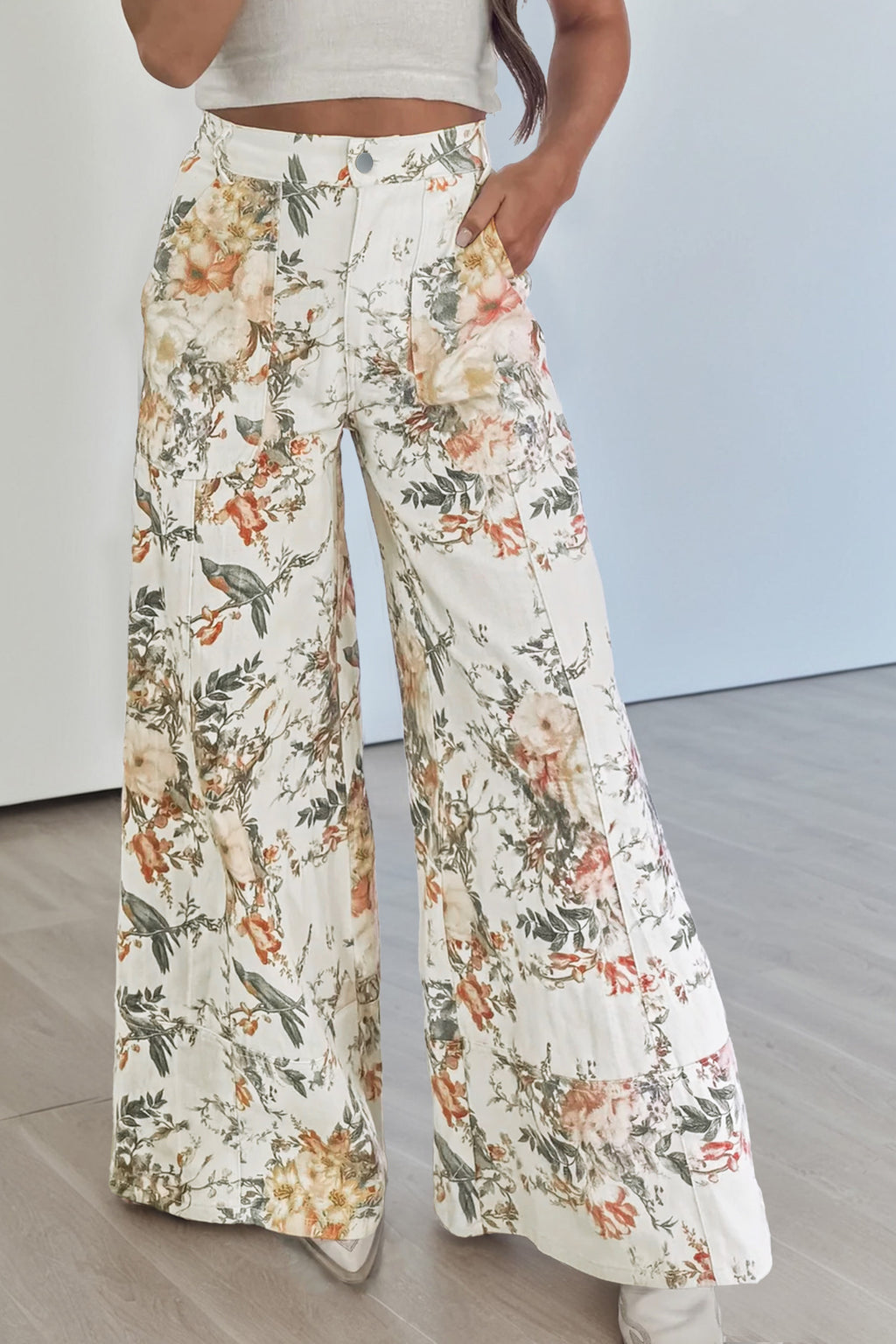 Cream Botanical Wide-Leg Jeans