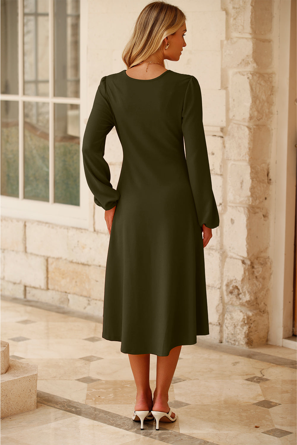 Olive Ruched Waist Balloon Sleeve Midi Dress