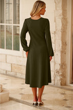 Olive Ruched Waist Balloon Sleeve Midi Dress