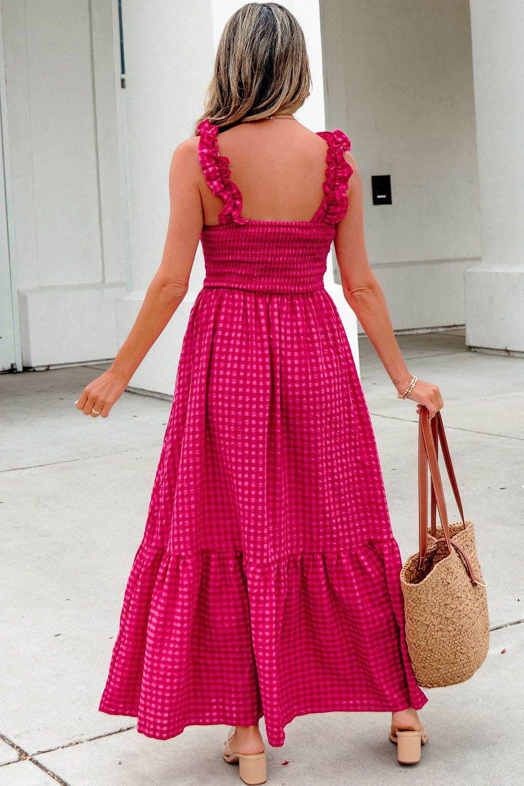 Magenta Gingham Ruffle Strap Maxi Dress