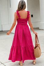 Magenta Gingham Ruffle Strap Maxi Dress