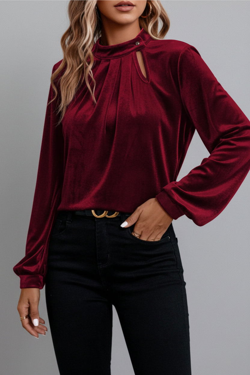 Velvet Keyhole Long Sleeve Blouse