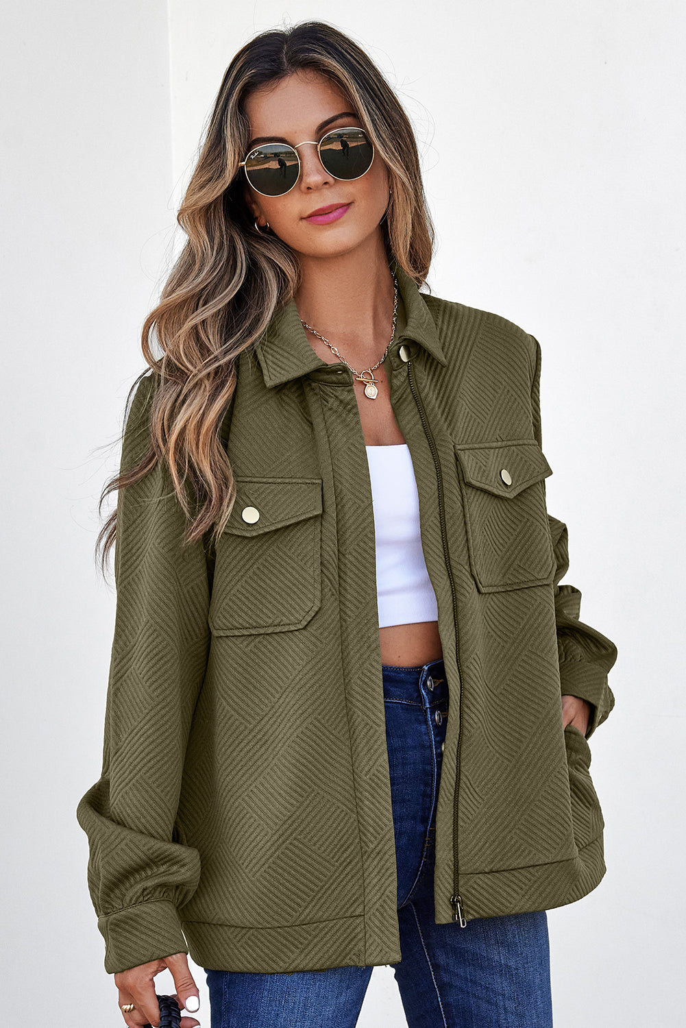 Olive Textured Zip-Up Jacket