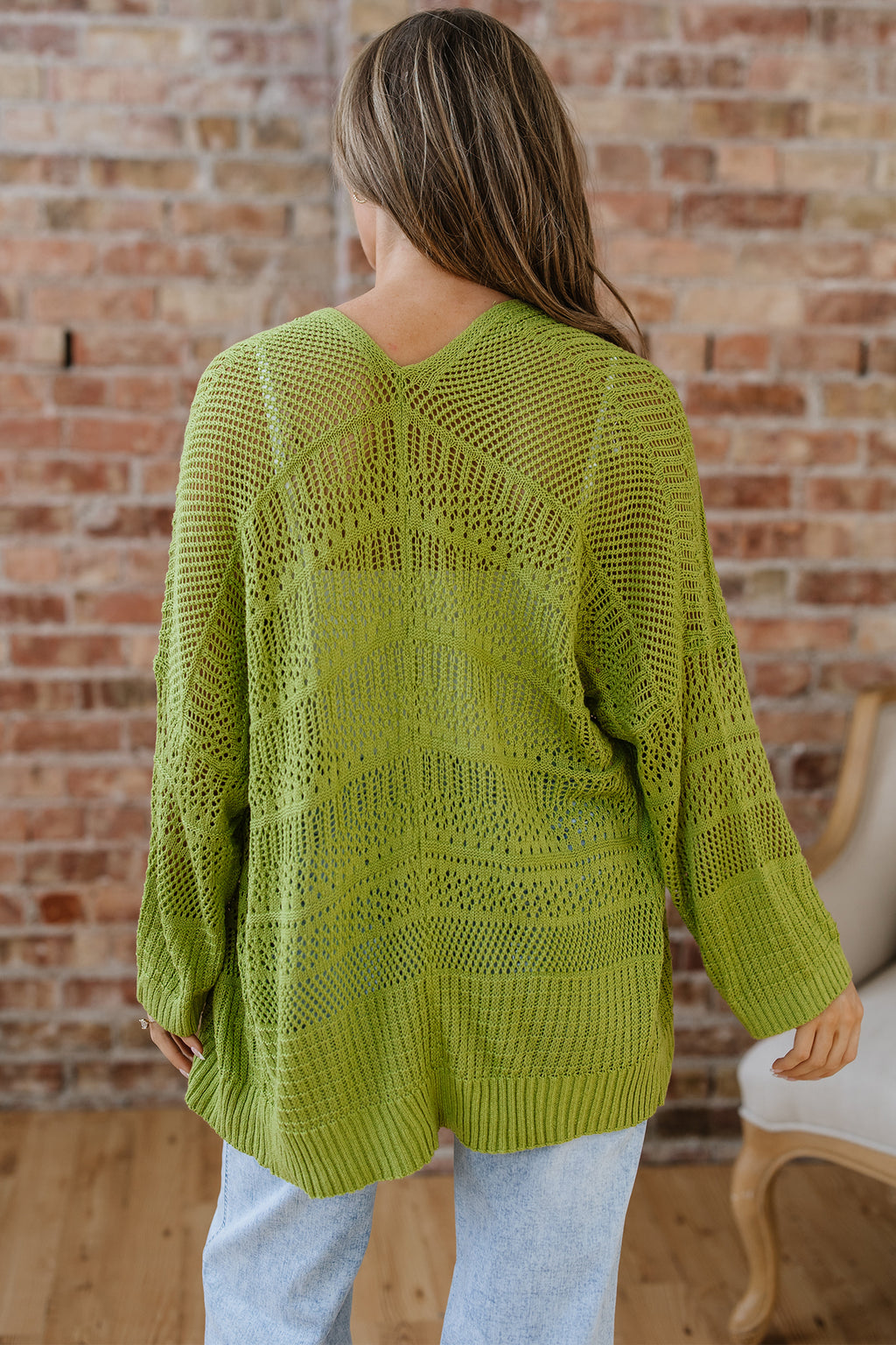 Pear Green Pointelle Open-Front Cardigan