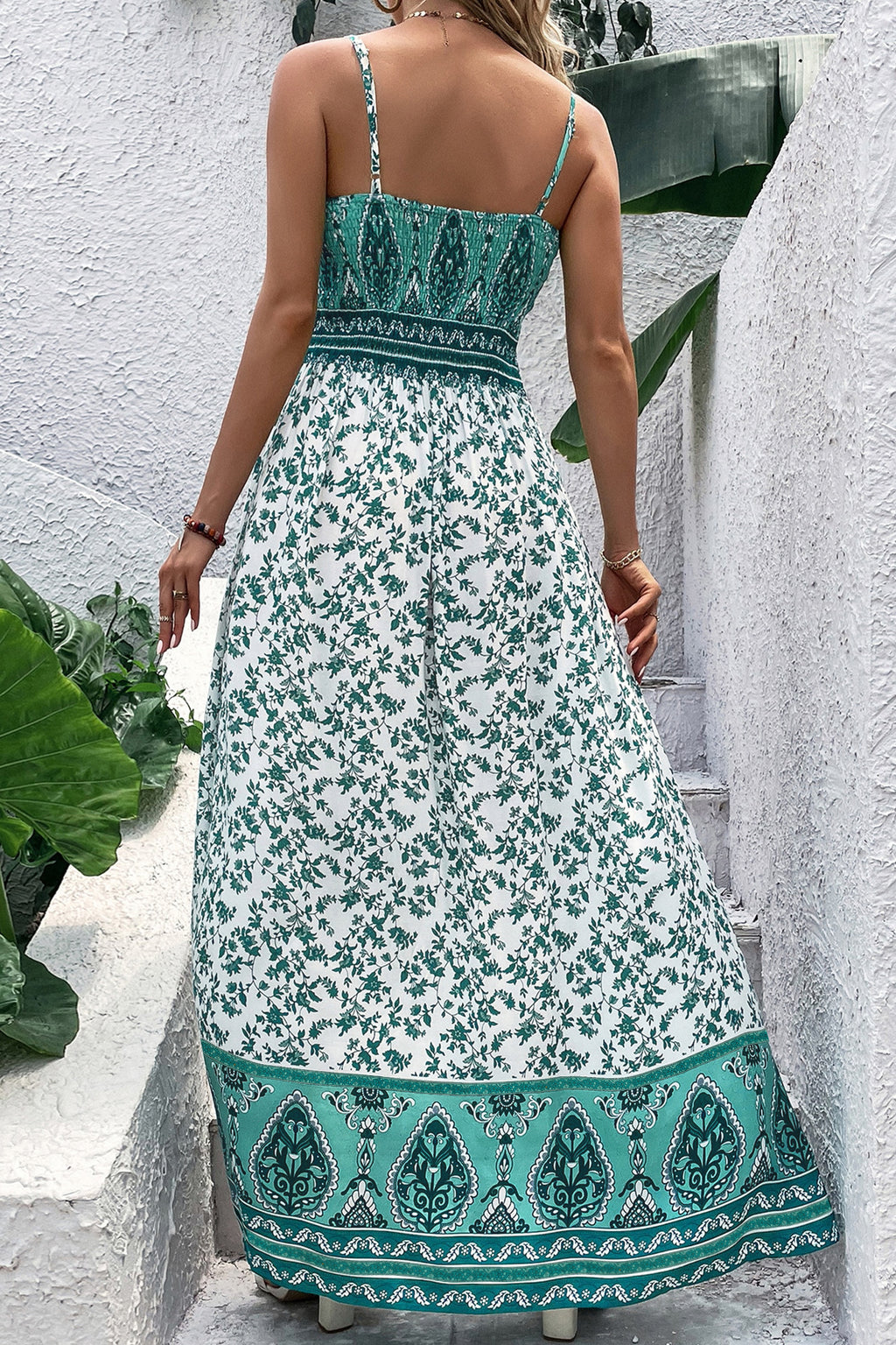 Teal and White Border Print Maxi Dress