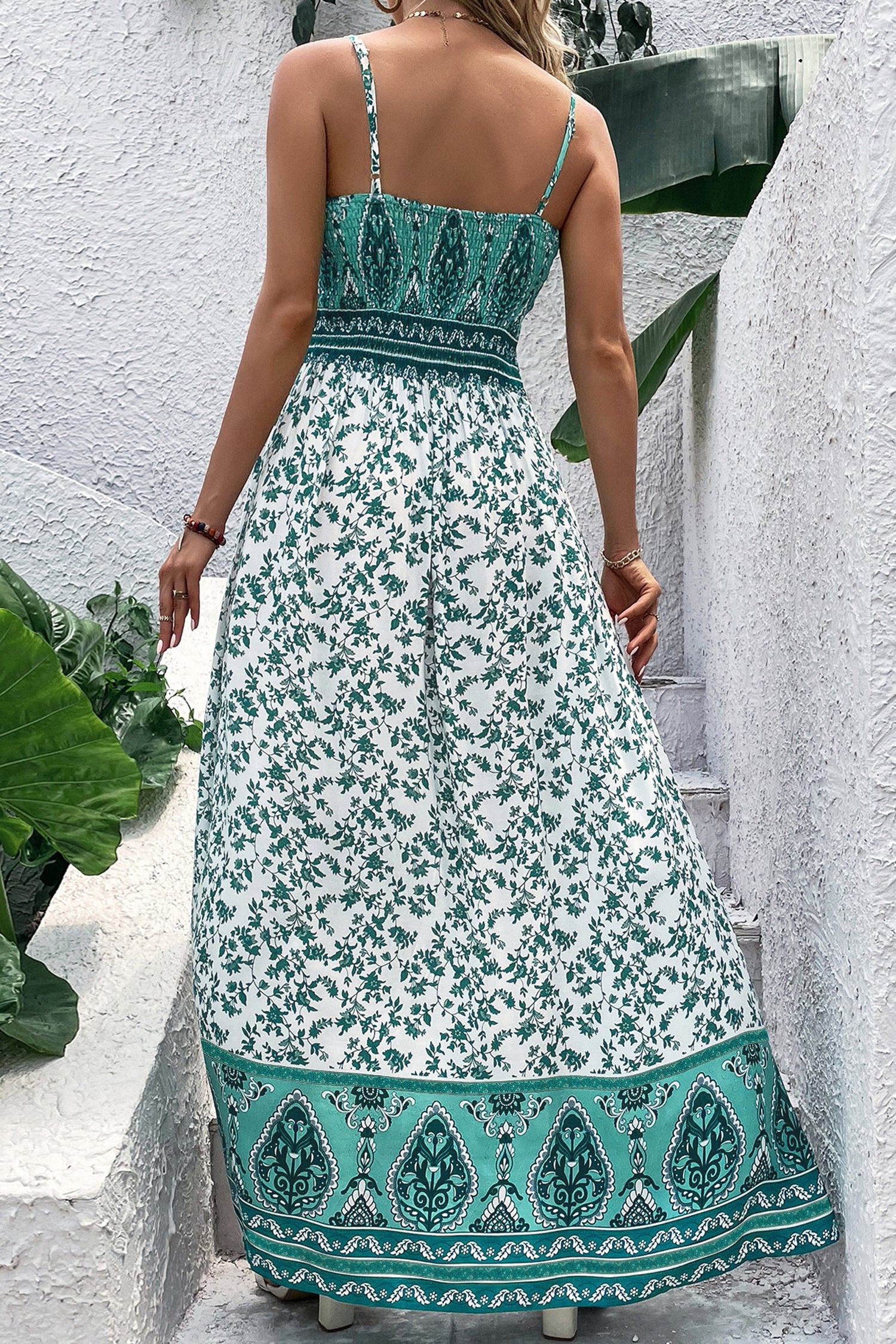 Teal and White Border Print Maxi Dress