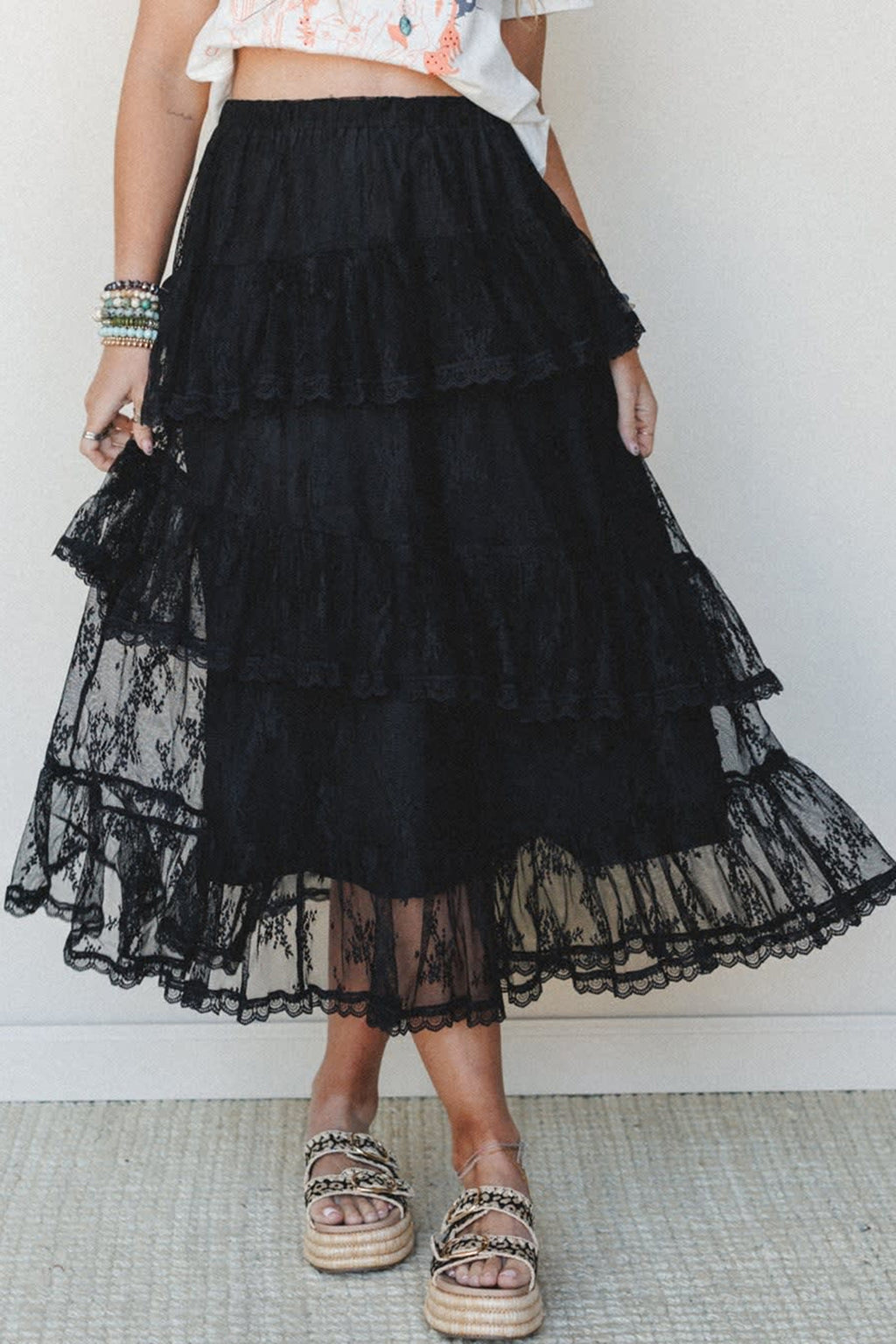 Black Tiered Lace Midi Skirt