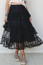 Black Tiered Lace Midi Skirt
