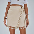 Vanilla Tassel-Trim Wrap Skort