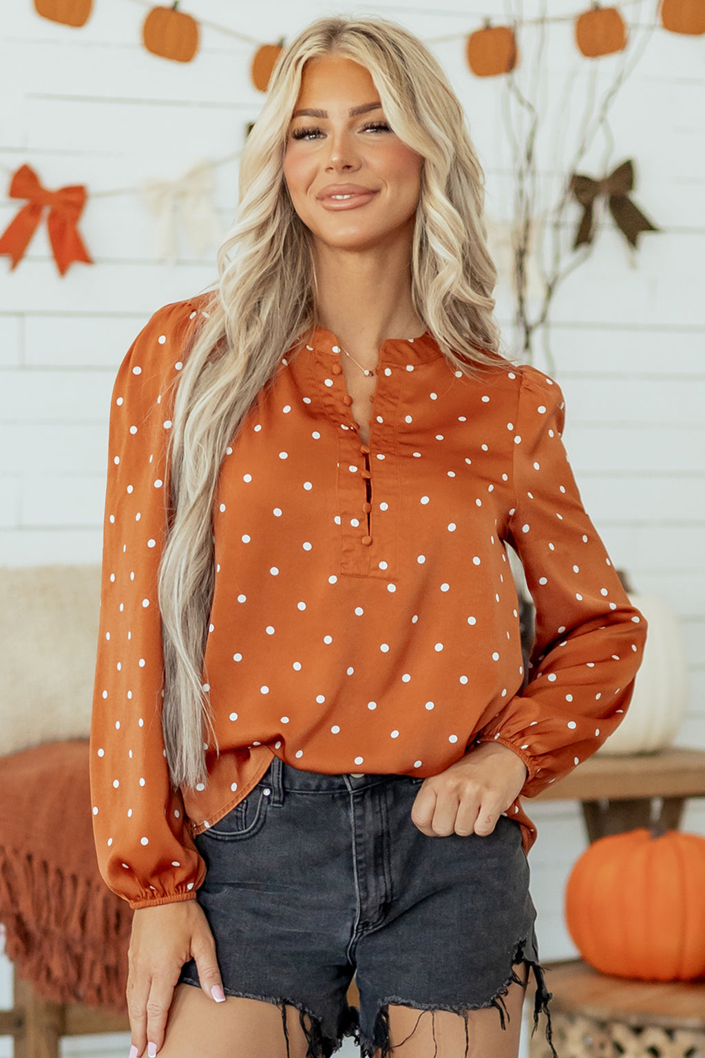 Rust Polka Dot Satin-Finish Blouse