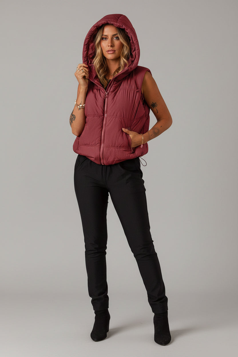Burgundy Hooded Puffer Vest