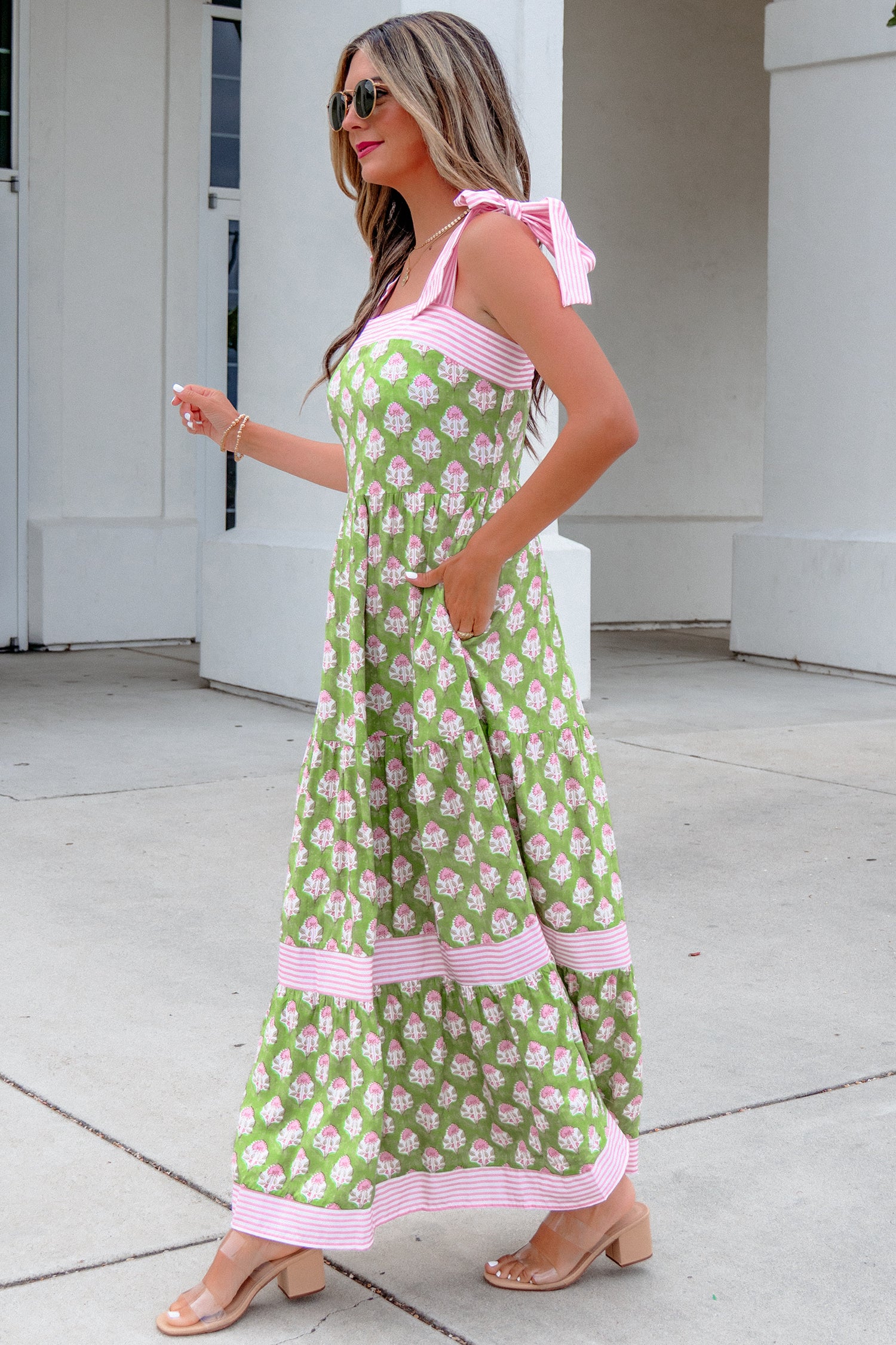 Green and Pink Block Print Maxi Dress