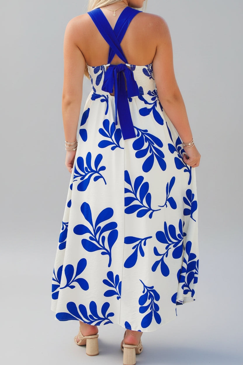Blue and White Botanical Print Maxi Dress