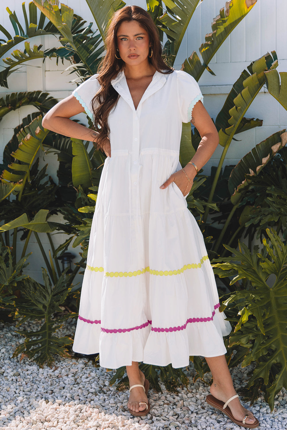 White Rickrack Trim Tiered Maxi Dress