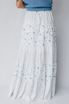 White & Blue Ditsy Floral Tiered Maxi Skirt