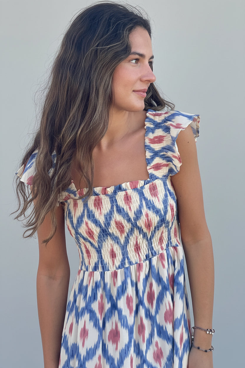 Santorini Ikat Smocked Maxi Dress