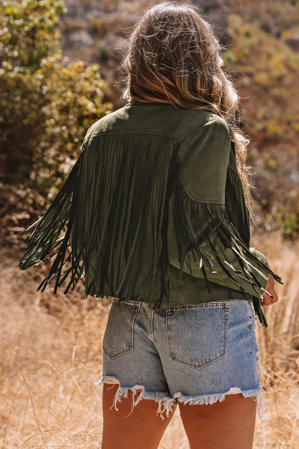 Olive Fringe Faux Suede Cropped Jacket