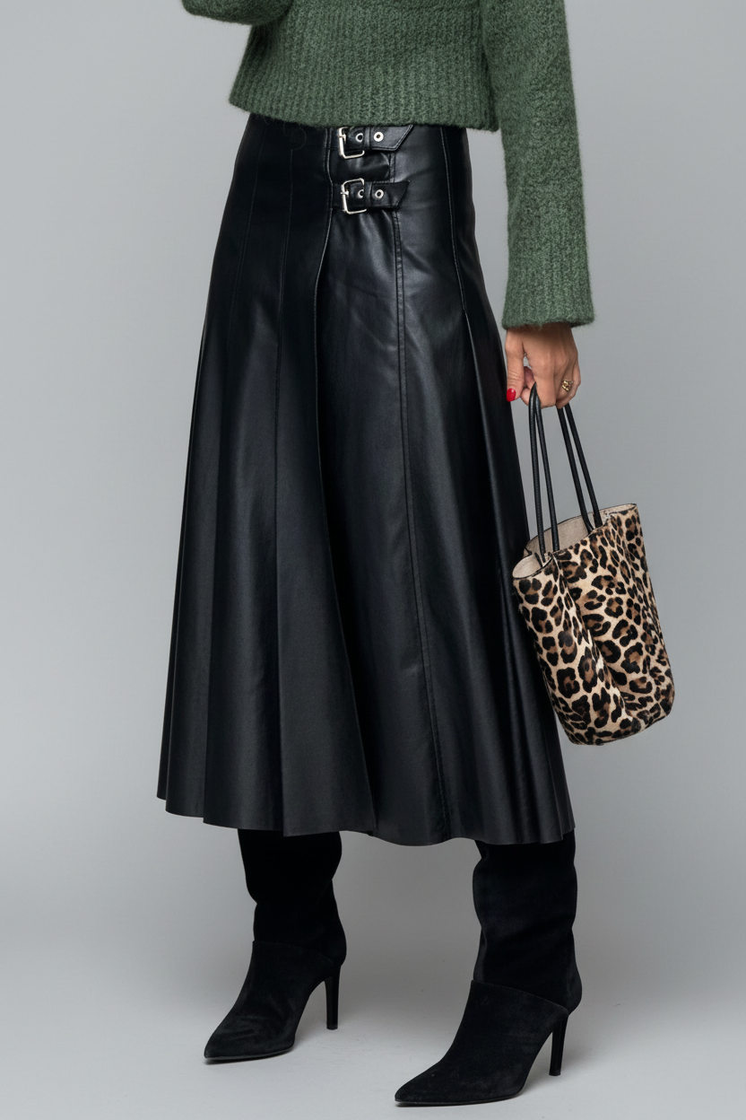 Black Double-Buckle Pleated Faux Leather Midi Skirt