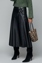 Black Double-Buckle Pleated Faux Leather Midi Skirt