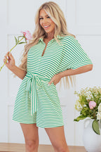 Cream and Green Stripe Belted Romper