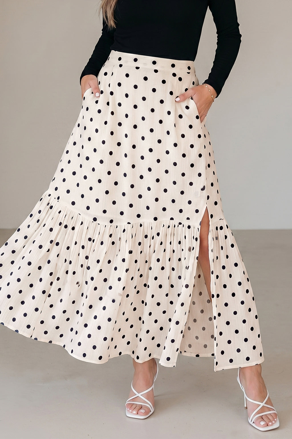 White Polka Dot Tiered Maxi Skirt
