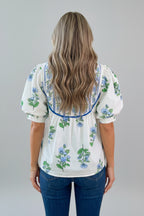 White Botanical Print Puff Sleeve Blouse