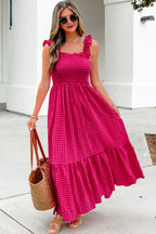 Magenta Gingham Ruffle Strap Maxi Dress
