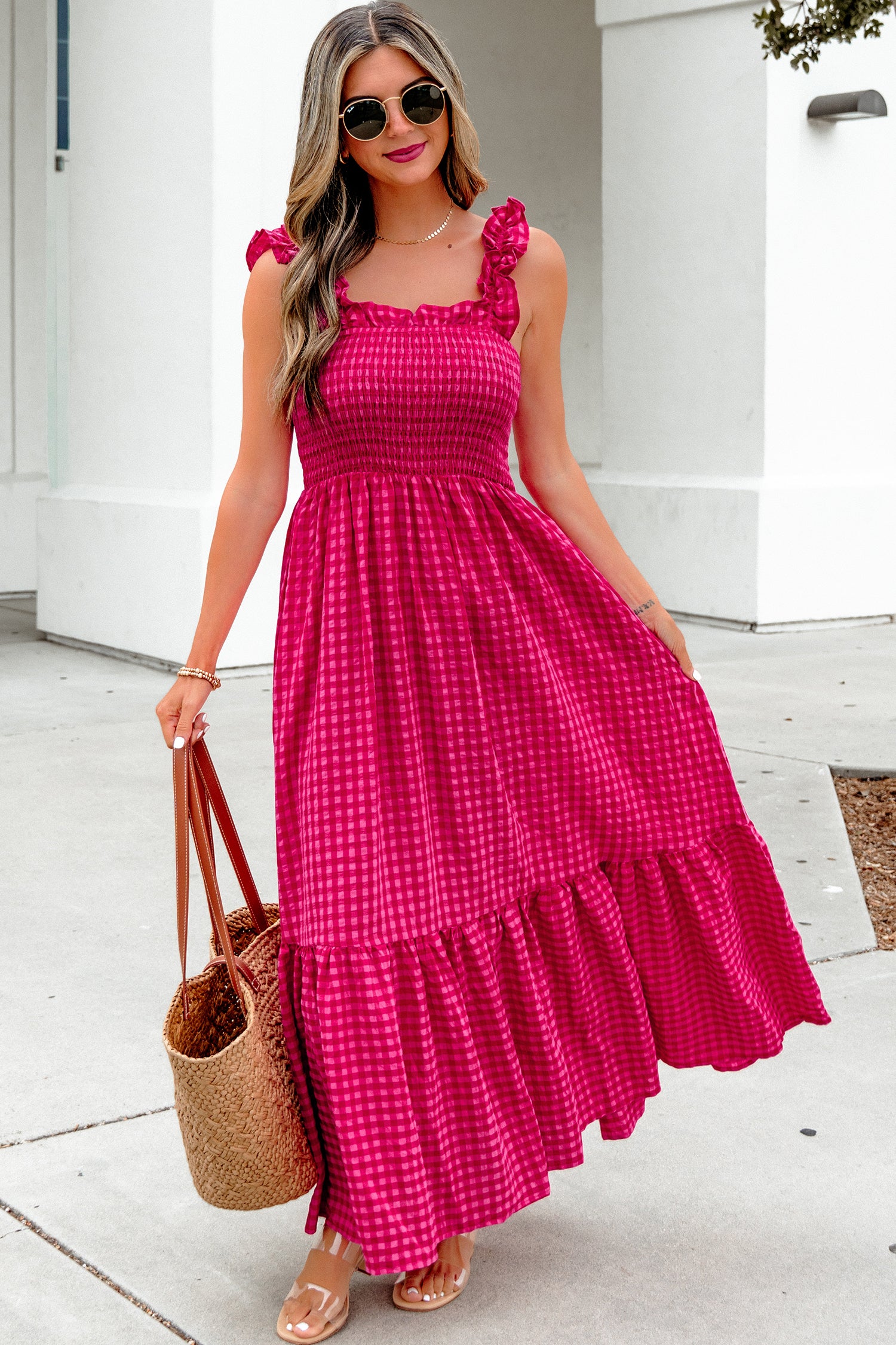 Magenta Gingham Ruffle Strap Maxi Dress