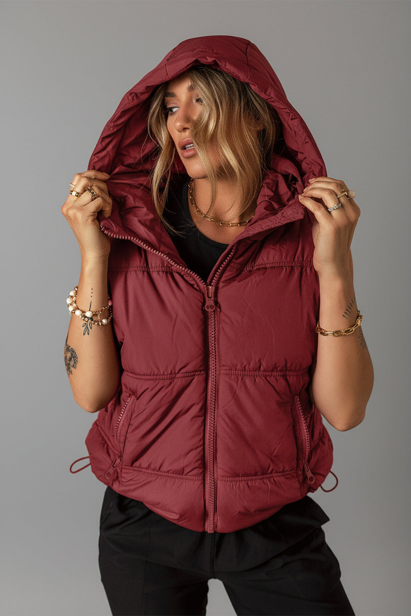 Burgundy Hooded Puffer Vest