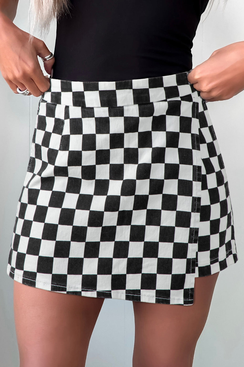 Checkerboard Wrap-Front Denim Shorts