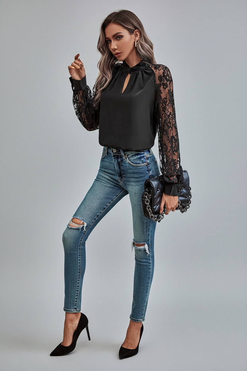 Black Floral Lace Sleeve Blouse