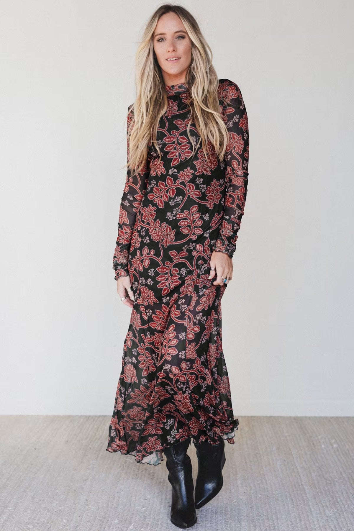 Black Floral Mesh Mermaid Midi Dress