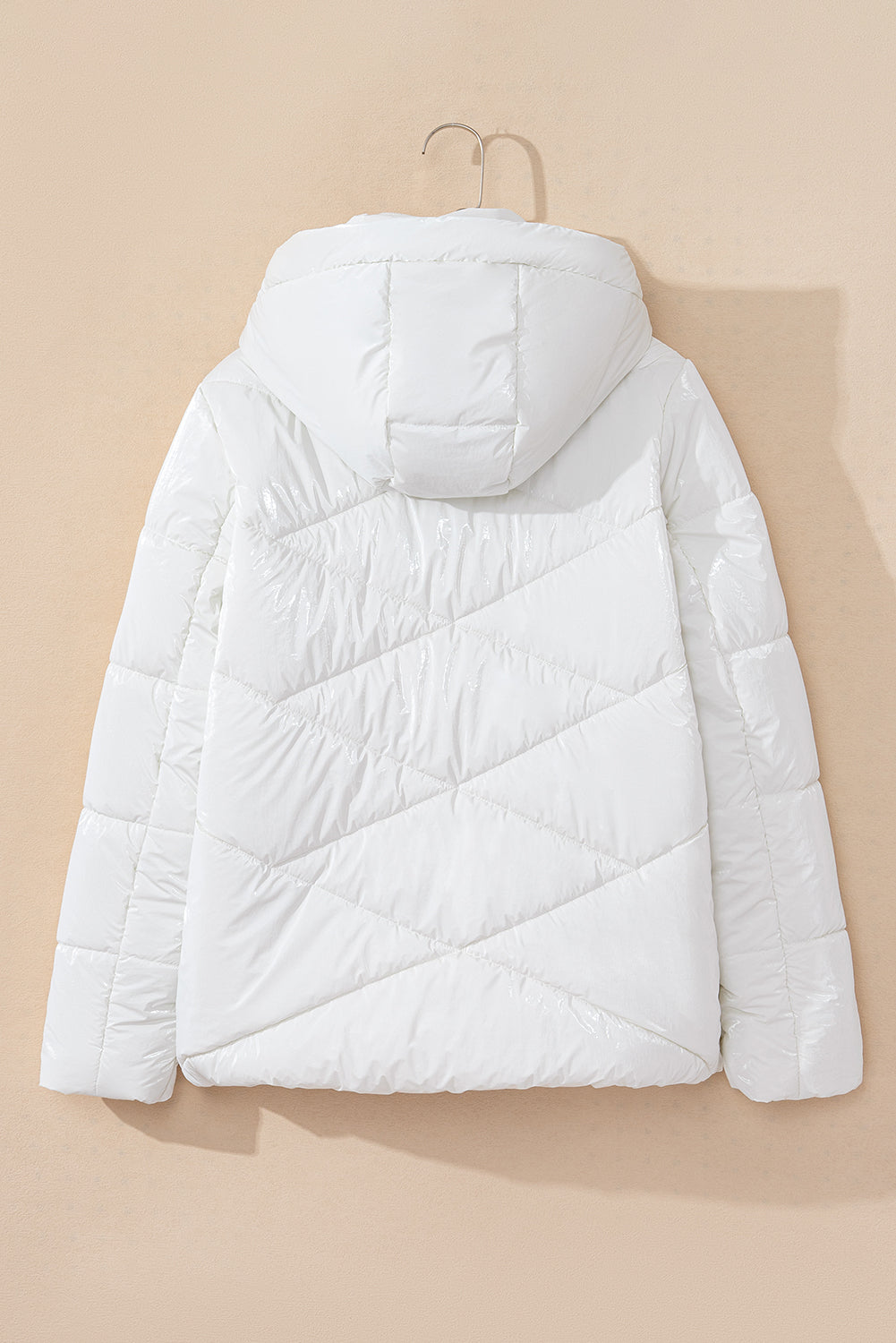 White Glossy Chevron Quilted Puffer Jacket