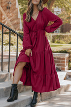 Cranberry Tiered Drawstring Maxi Dress