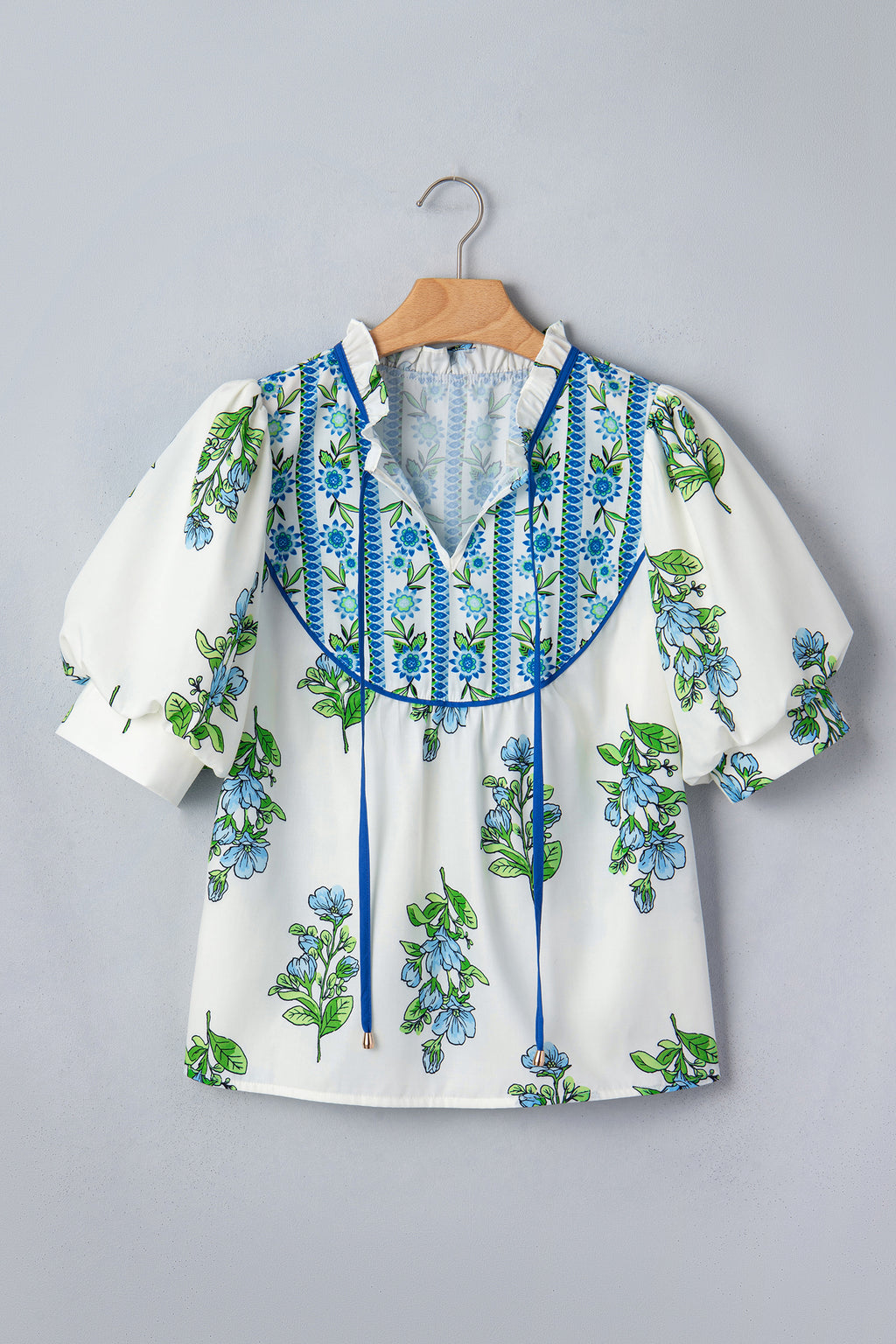 White Botanical Print Puff Sleeve Blouse