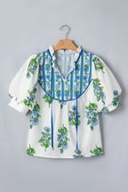 White Botanical Print Puff Sleeve Blouse