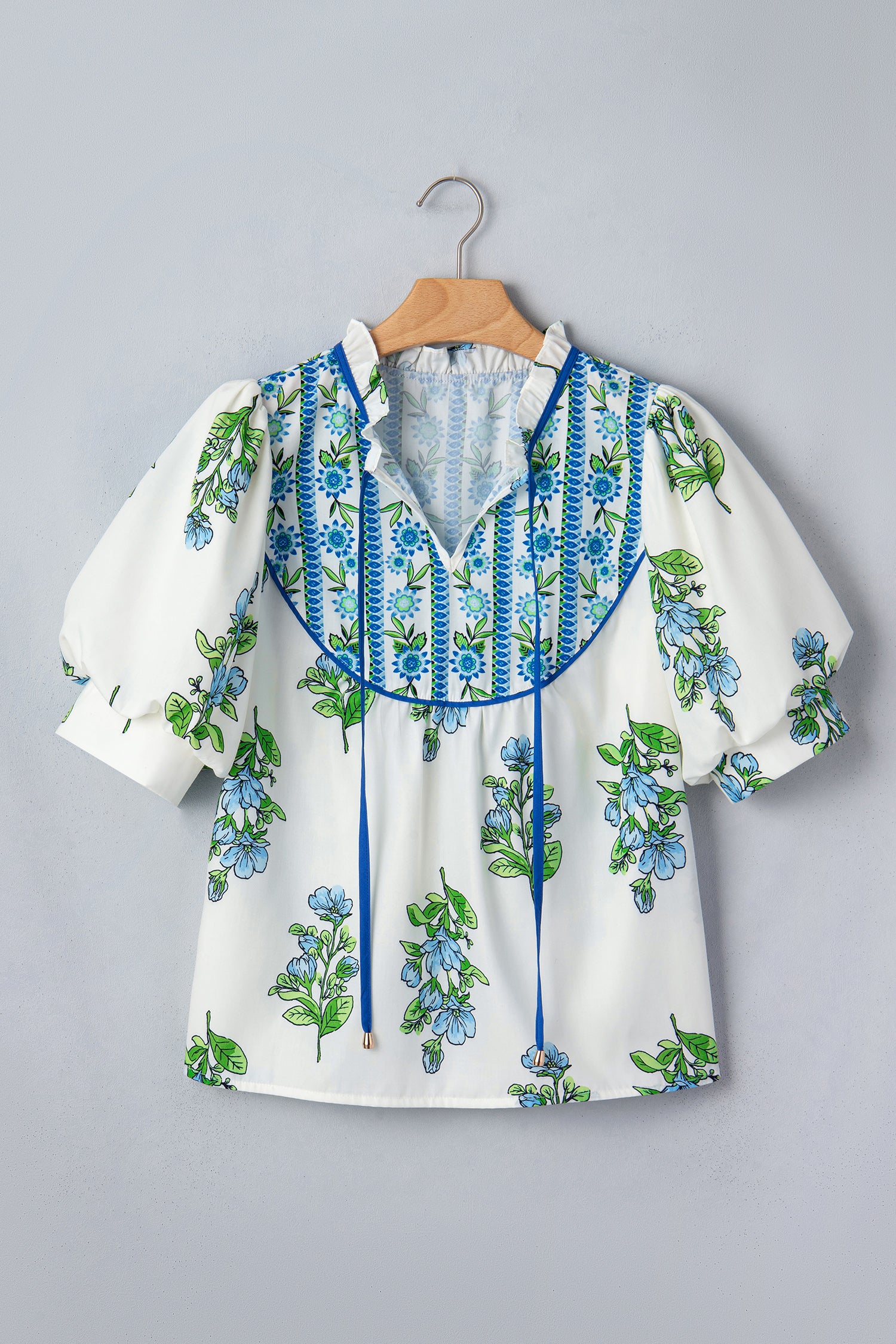 White Botanical Print Puff Sleeve Blouse