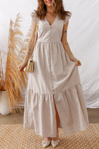 Tan and White Stripe Tiered Maxi Dress