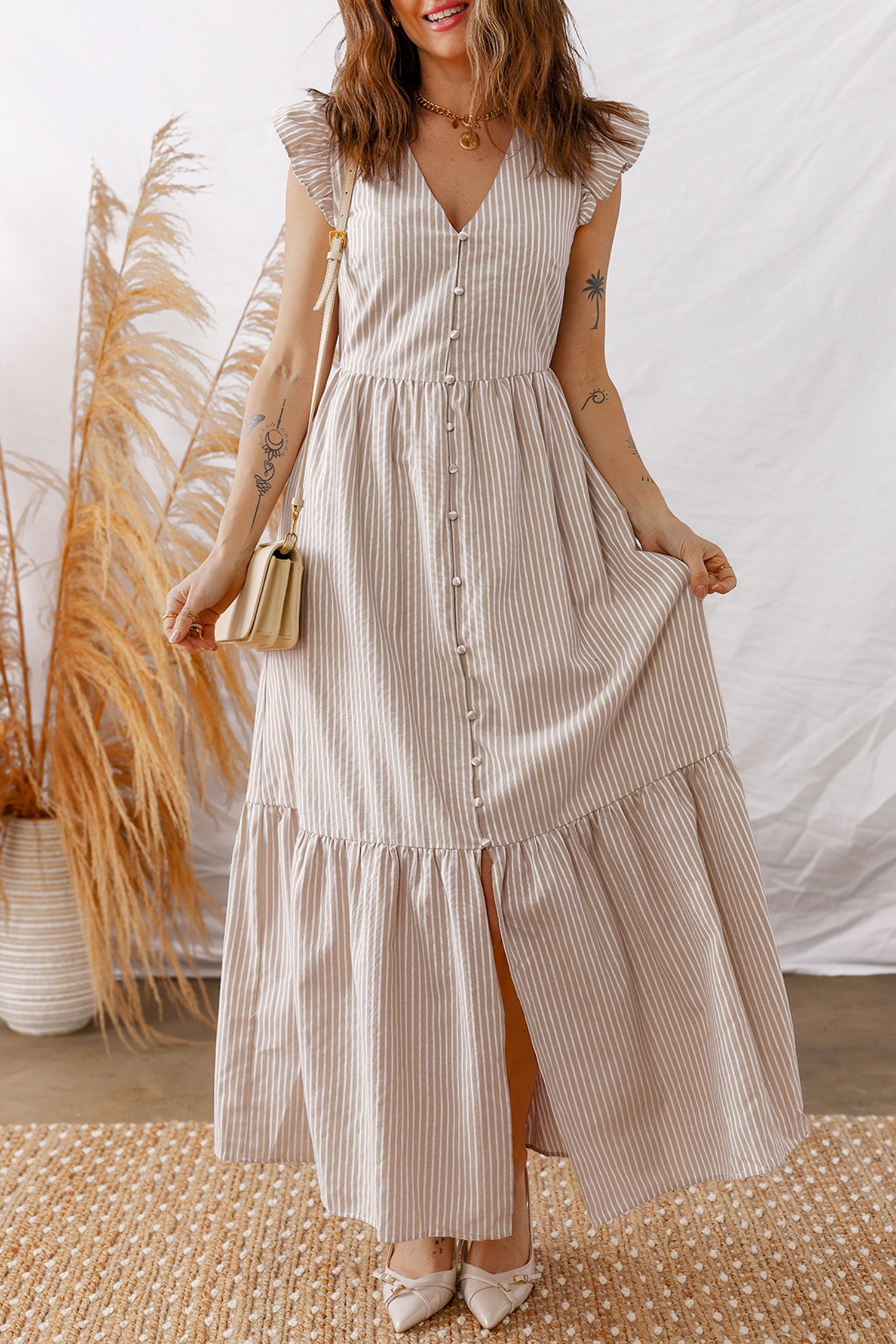 Tan and White Stripe Tiered Maxi Dress