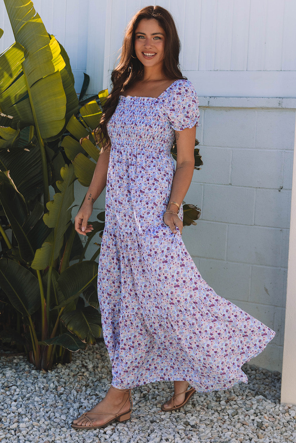 Lavender Ditsy Floral Off Shoulder Maxi Dress