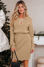 Latte Pearl-Embellished Keyhole Knit Dress