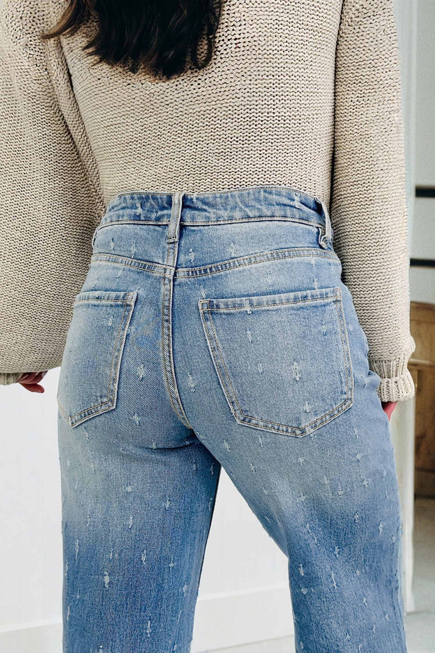 Light Wash Distressed Wide-Leg Jeans