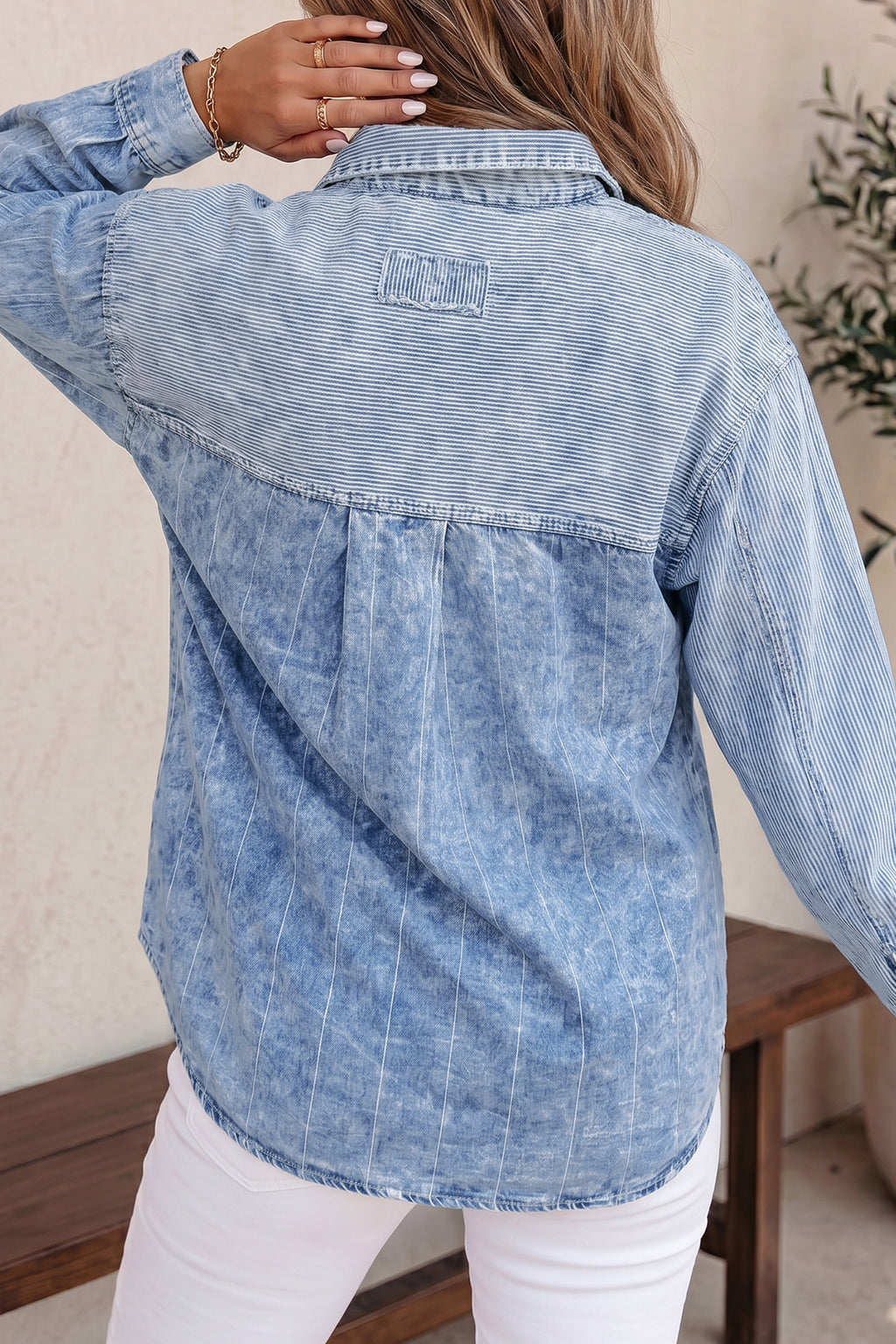 Light Wash Contrast Stripe Denim Shirt