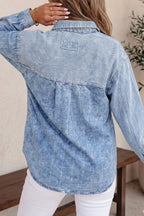 Light Wash Contrast Stripe Denim Shirt