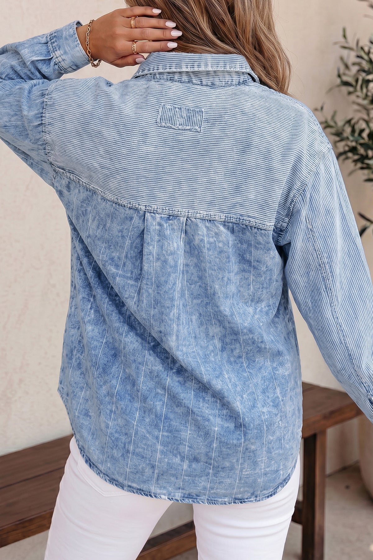 Light Wash Contrast Stripe Denim Shirt